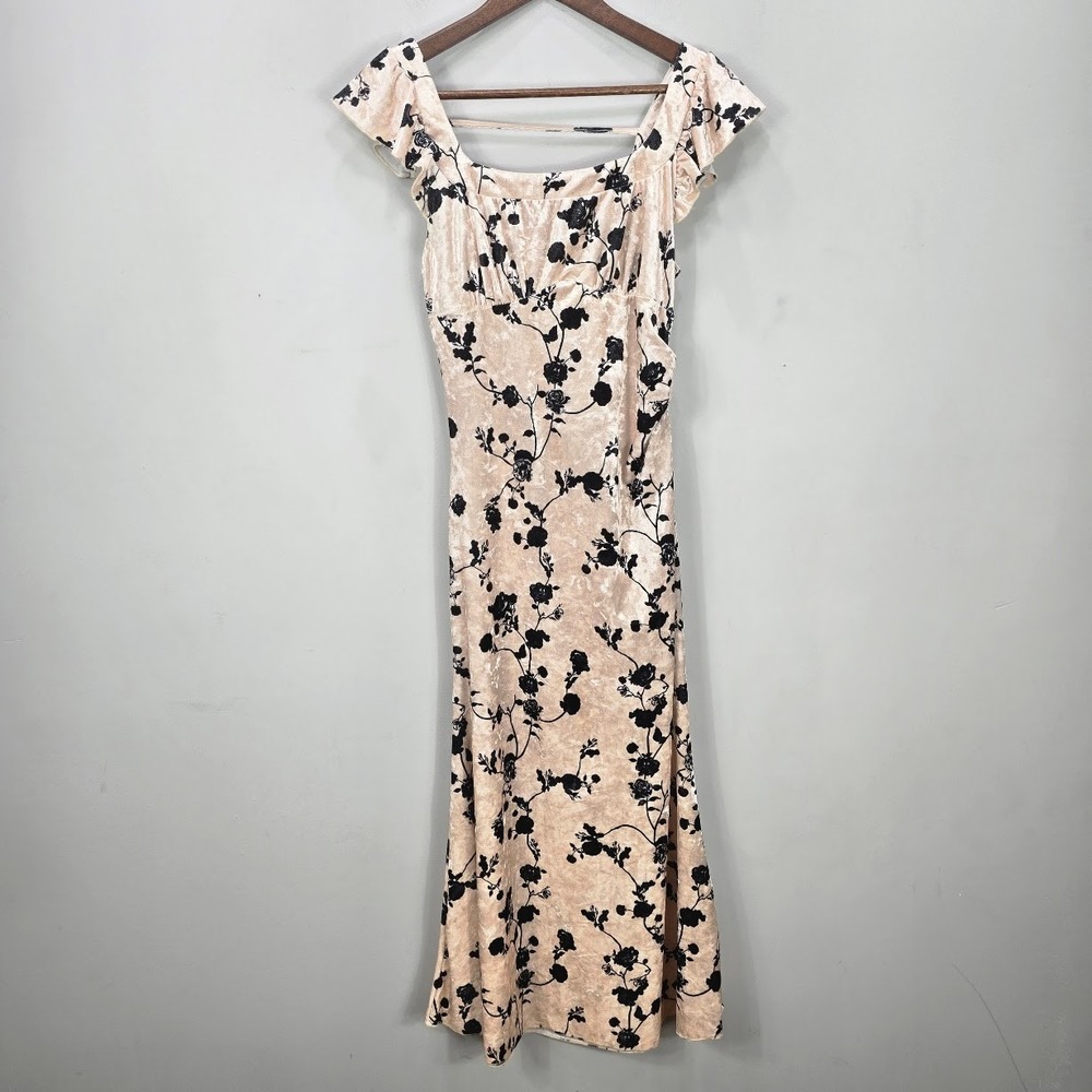 Whimsigoth Babydoll Crushed Velvet Maxi Dress M Floral Flutter Sleeves Ruched